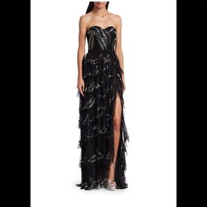 AMEN Metallic Leaf Embroidered Strapless Bustier Gown